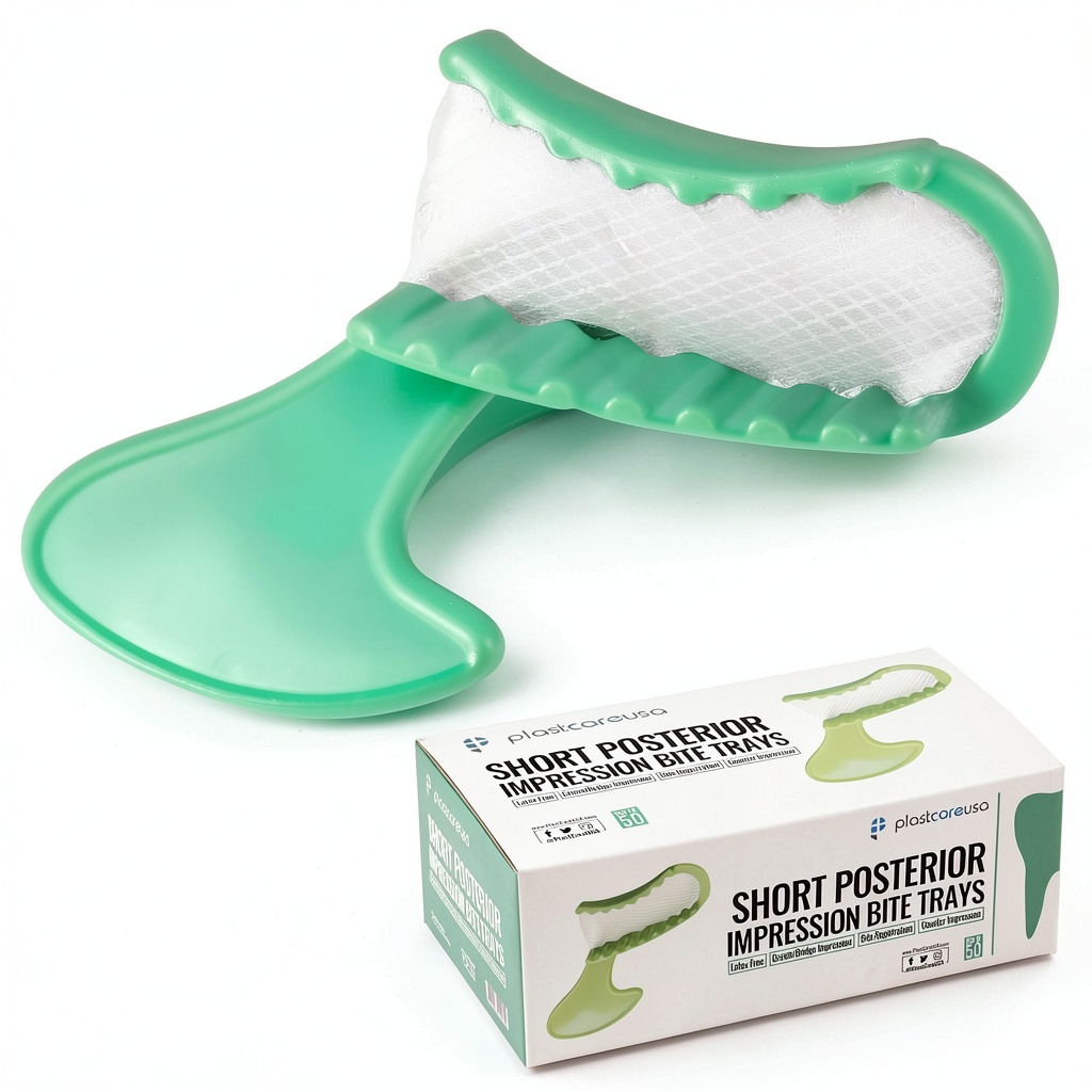 Installing PlastCare USA 50 green short posterior dental bite registration trays on a wooden desk