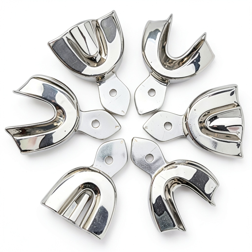 Installing Dental Impression Tray Set SURGICAL ONLINE Pedo Steel Autoclavable on a wooden desk